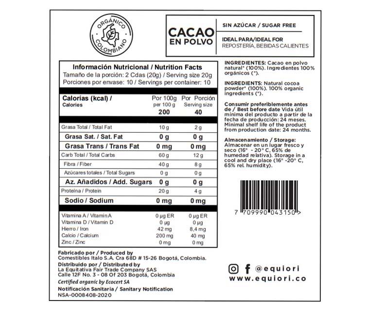Cacao Pudra Bio 200 grame Equiori