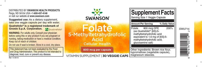 Folate 800 mcg (5-Methyltetrahydrofolic Acid) 30 capsule Swanson