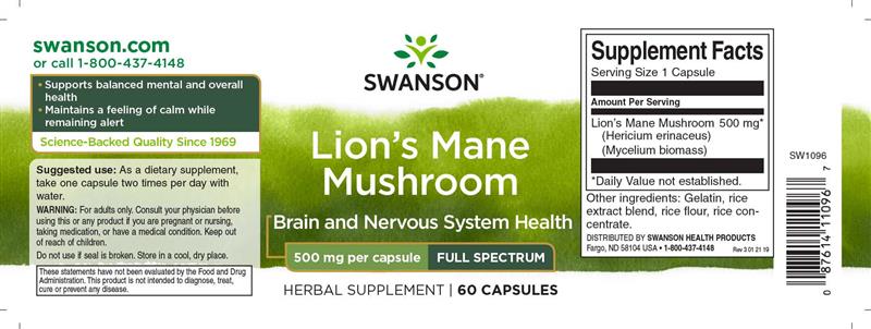 Full Spectrum Lion's Mane Mushroom (Ciuperca Coama Leului) 500 miligrame 60 capsule Swanson
