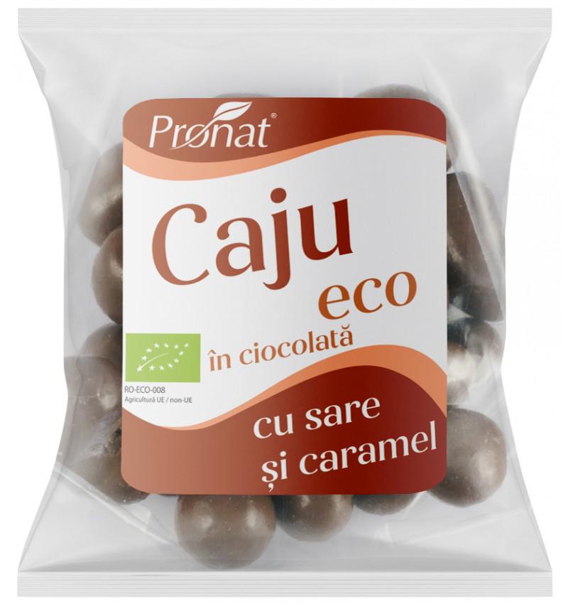 Nuci Caju Glazurate in Ciocolata cu Lapte cu Aroma de Caramel Sarat Bio 50 grame Pronat