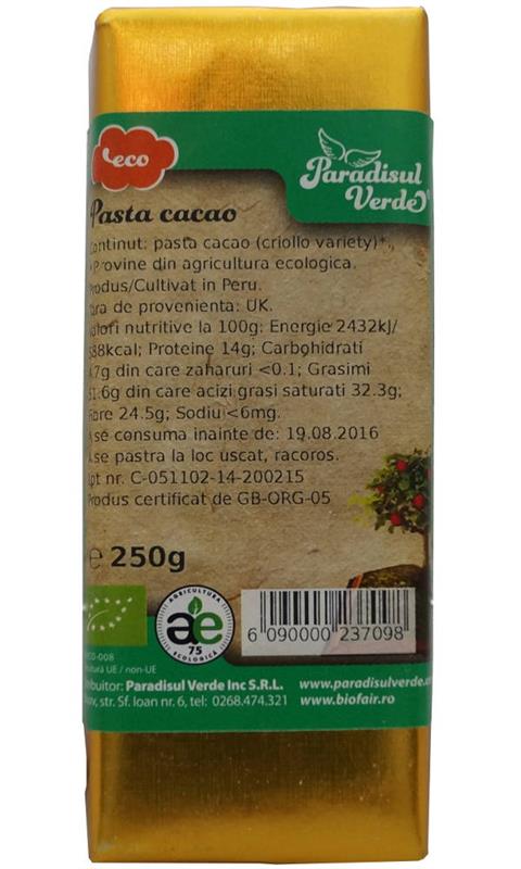 Pasta Cacao Bio Paradisul Verde Et 250gr