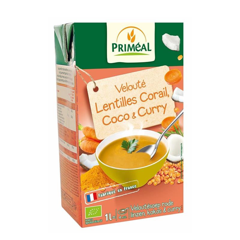 Supa Crema cu Linte Rosie, Lapte de Cocos si Curry Bio 1L Primeal