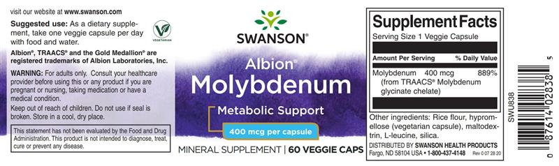 Albion Chelated Molybdnum ( Molibdem) 400 mcg 60 capsule Swanson