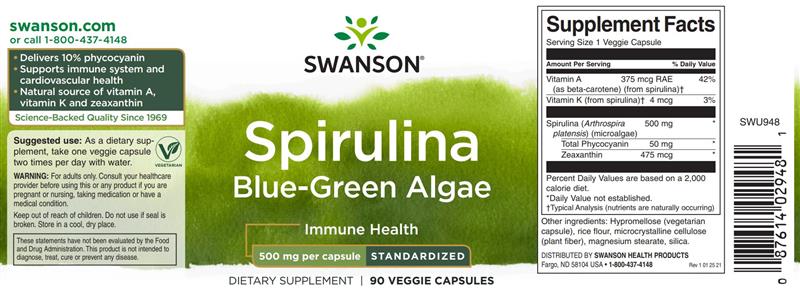 Alge Naturale Verzi-Albastre 10% Ficocianina Spirulina 500mg Swanson  90cps