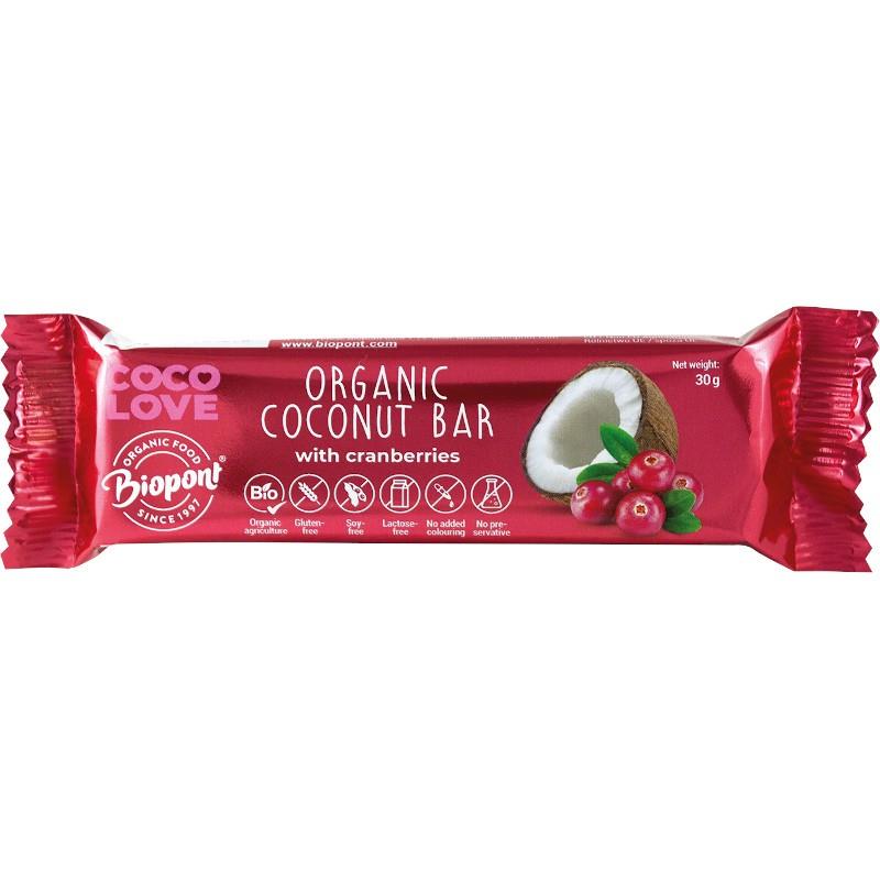 Baton de Cocos cu Merisoare Fara Gluten Bio Coco Love 30 grame Biopont