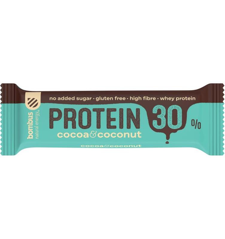 Baton Proteic cu Cacao si Nuca de Cocos 30% Proteine 50 grame Bombus