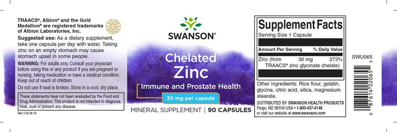 Chelated Zinc Glicinat 30 miligrame 90 capsule Swanson