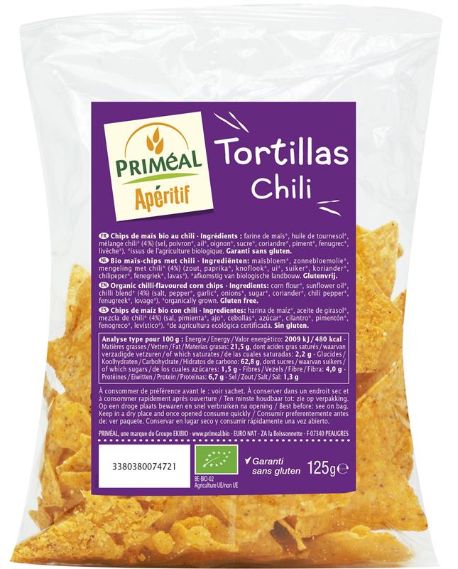 Chipsuri de Porumb Bio cu Chili Tortillas Chili Primeal 125gr