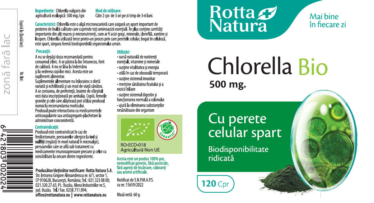 Chlorella Bio 500 miligrame 120 capsule Rotta Natura