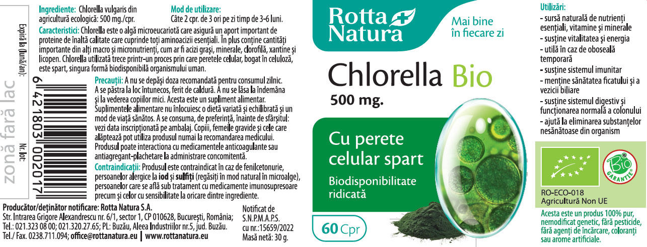 Chlorella Bio 500 miligrame 60 capsule Rotta Natura