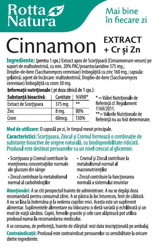 Cinnamon Extract cu Crom si Zinc 30 capsule Rotta Natura