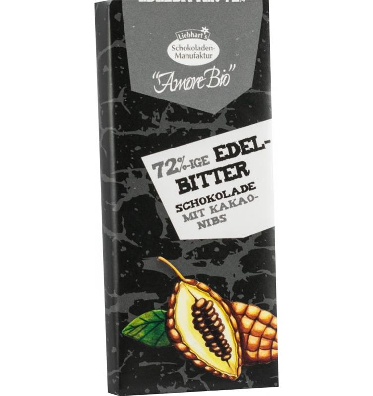 Ciocolata Amaruie cu Miez din Boabe de Cacao Bio 72% Cacao 40 grame Liebhart's