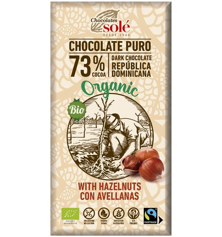 Ciocolata Neagra cu Alune de Padure 73% Cacao Bio 150 grame Chocolates Sole