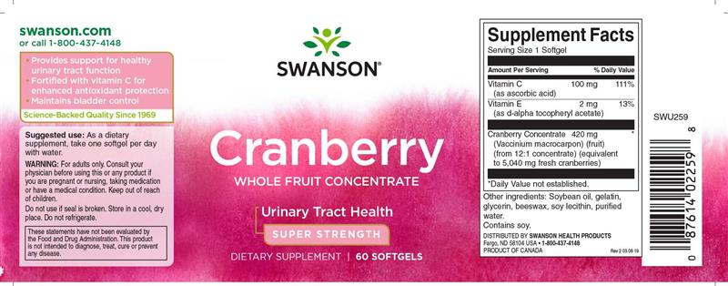 Complex pentru Tract Urinar Merisoare Cranberry Whole Fruit Concentrat Super Strength 60 capsule Swanson