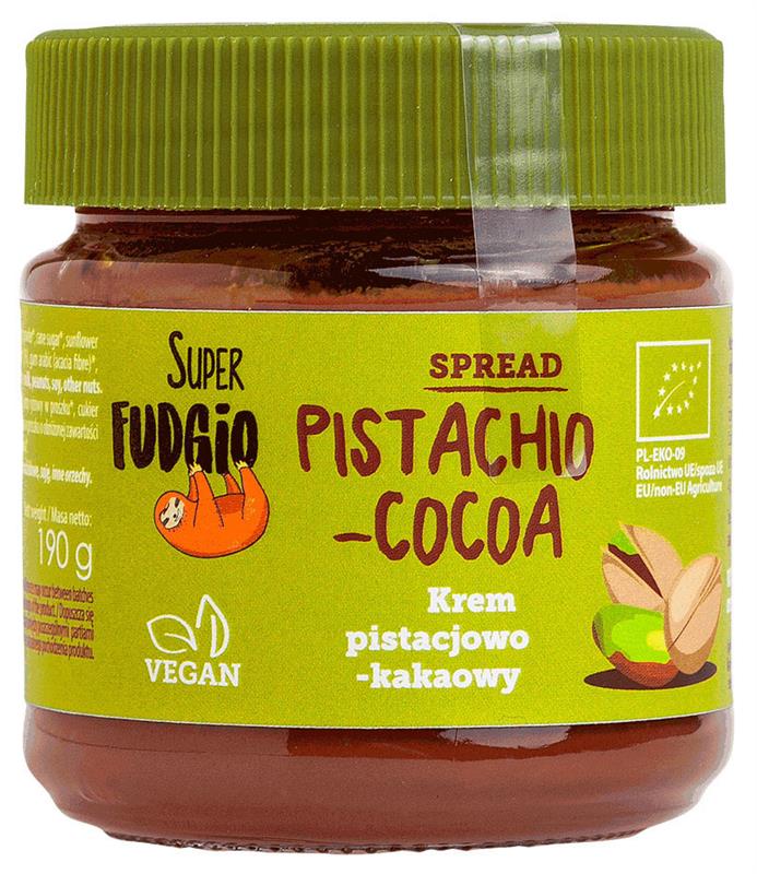 Crema Tartinabila de Ciocolata cu Fistic si Cacao Bio 190 grame Super Fudgio