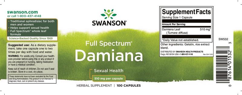 Damiana Leaves 510 miligrame 100 capsule Swanson