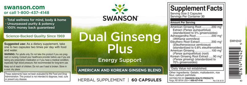 Dual Ginseng Plus Complex American Extract Standardizat 5% 60 capsule Swanson