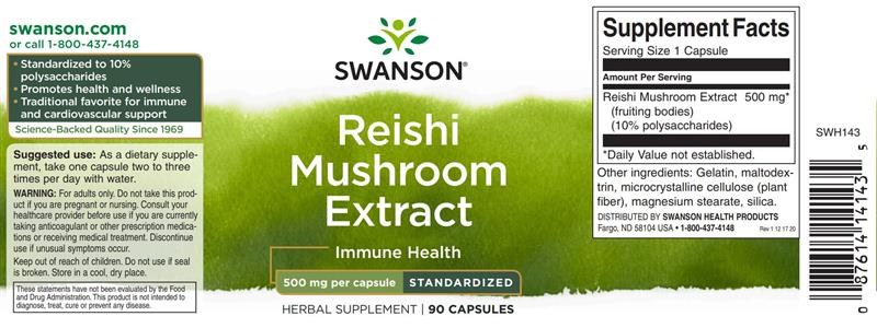Extract Standardizat Reishi Mushroom 500 miligrame 90 capsule Swanson