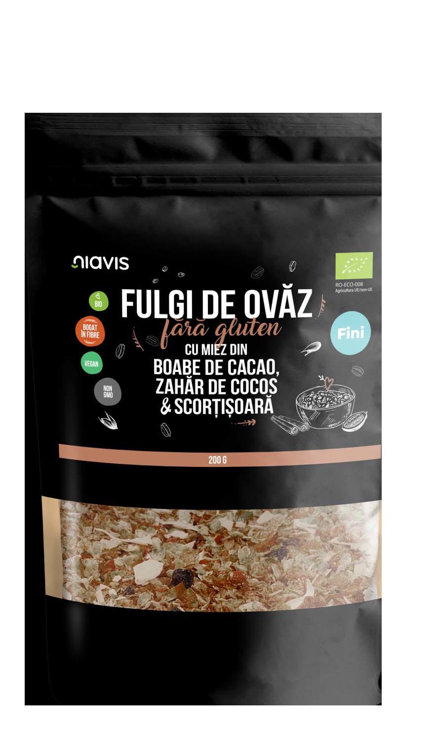 Fulgi de Ovaz Fini Fara Gluten cu Miez din Boabe de Cacao, Zahar de Cocos si Scortisoara Bio 200 grame Niavis