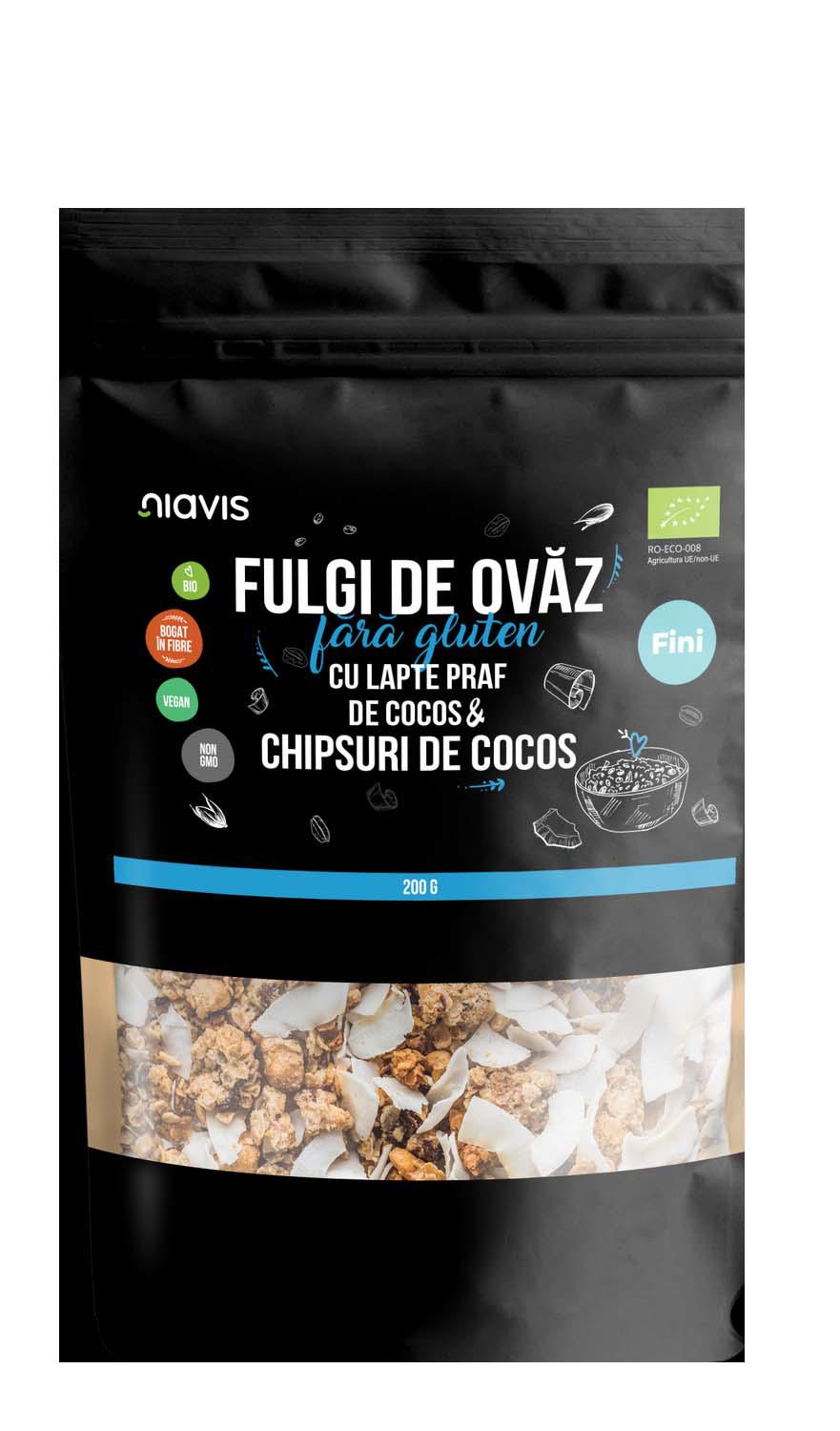 Fulgi de Ovaz Fini Fara Gluten cu Pudra de Cocos si Chipsuri de Cocos Bio 200 grame Niavis