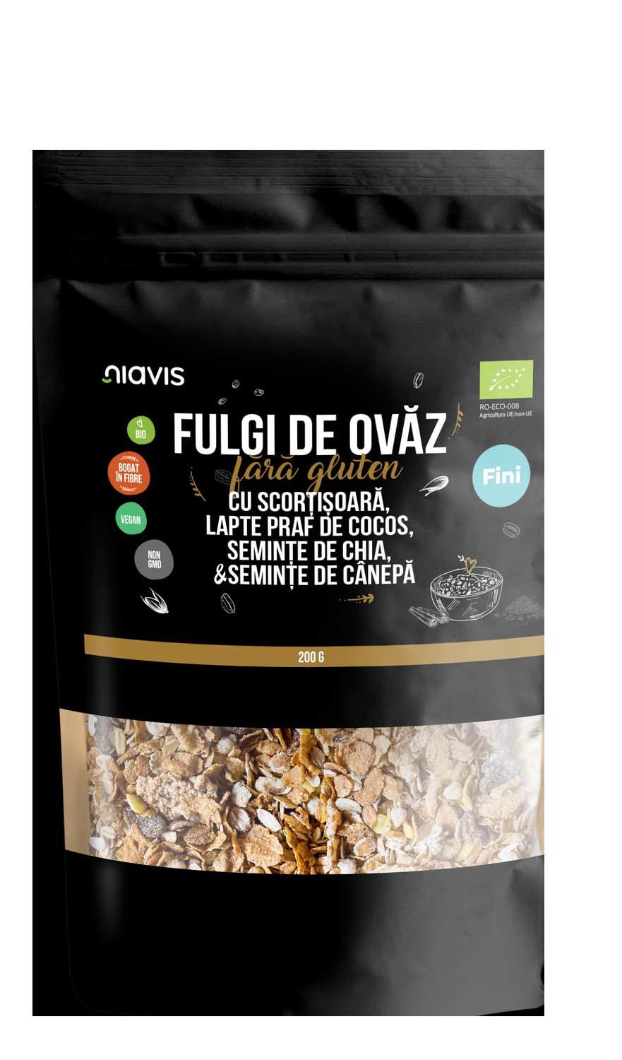 Fulgi de Ovaz Fini Fara Gluten cu Scortisoara, Pudra de Cocos, Chia si Seminte de Canepa Bio 200 grame Niavis
