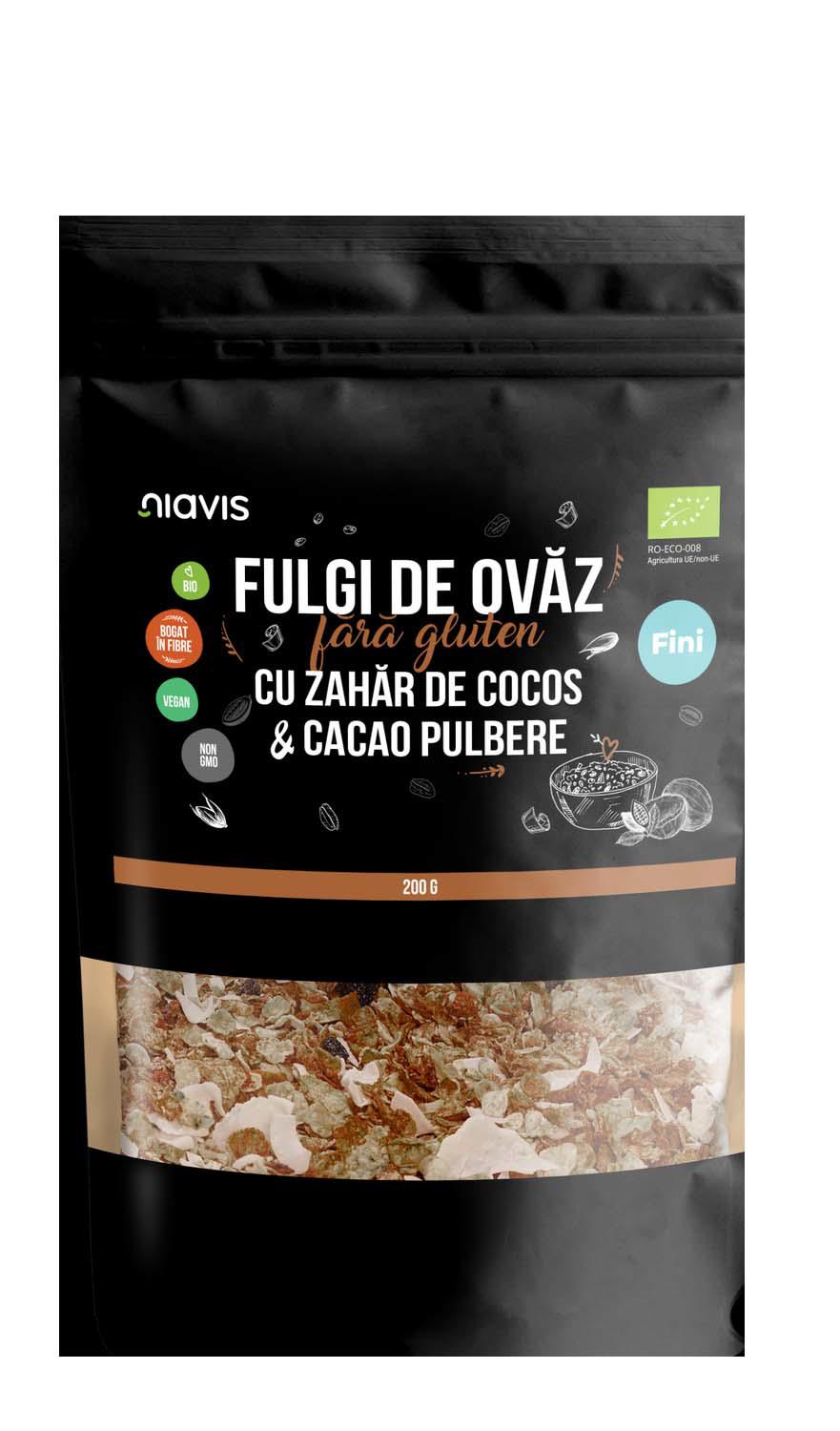 Fulgi de Ovaz Fini Fara Gluten cu Zahar de Cocos si Cacao Bio 200 grame Niavis