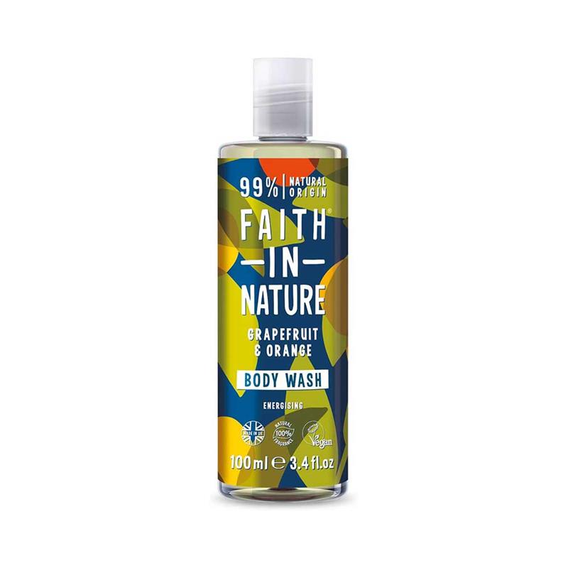 Gel de Dus Natural Energizant cu Grapefruit si Portocala Travel Size 100 mililitri Faith In Nature