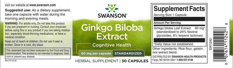 Ginkgo Biloba Extract Standardizat 60 miligrame 30 capsule Swanson