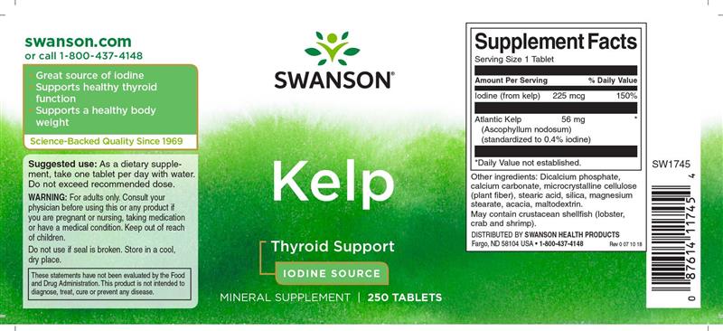 Iod Natural Kelp Iodine Source 250 capsule Swanson