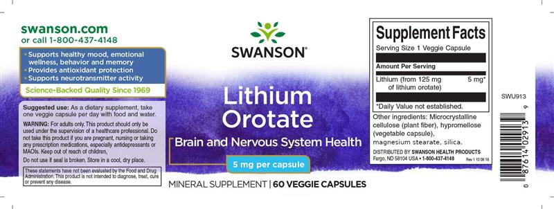 Lithium Orotate ( Litiu Orotat) 5 miligrame 60 capsule Swanson