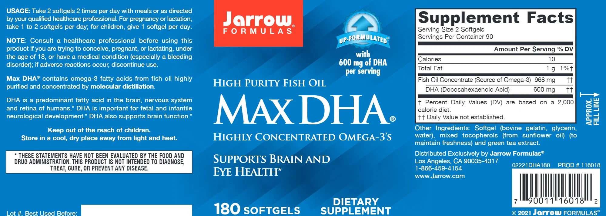 Max DHA Omega 3 Fish Oil 180 softgels Jarrow Formulas