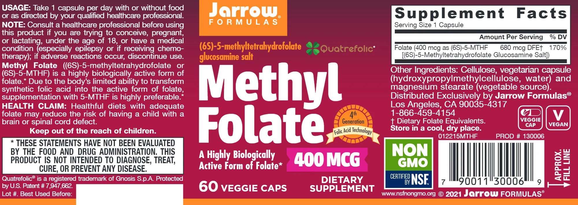 Methyl Folate (5-MTHF) 400 micrograme 60 capsule Jarrow Formulas