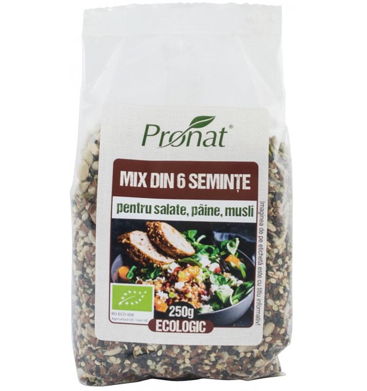 Mix din 6 Seminte pentru Salate, Paine, Musli Bio 250 grame Pronat
