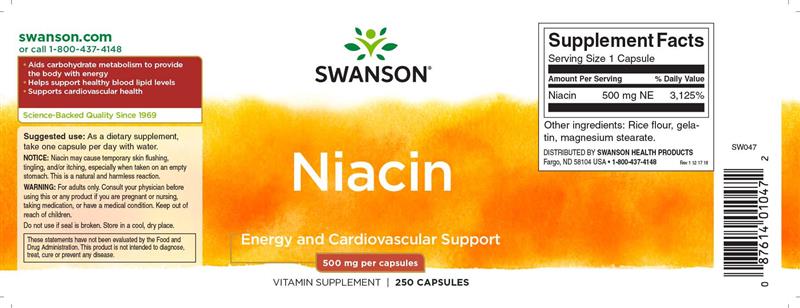 Niacin Vitamina B3 500 miligrame 250 capsule Swanson