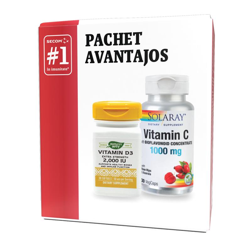 Pachet Vitamina C 1000 miligrame 30 capsule + Vitamina D3 2000Ui 30 capsule Secom