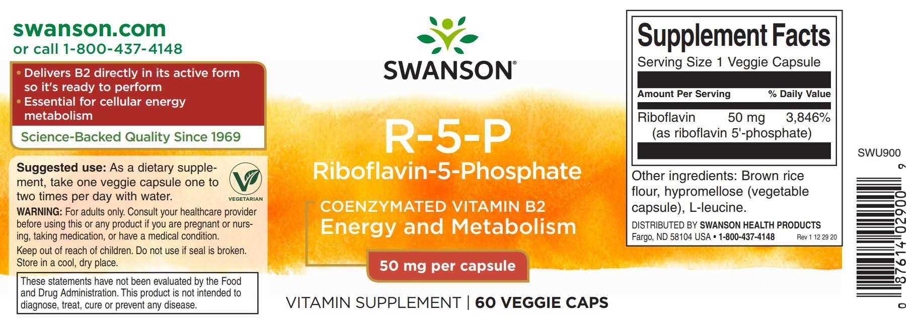 R-5-P Riboflavin 5-Phosphate 50 miligrame Vitamina B2 Coenzimata 60 capsule Swanson