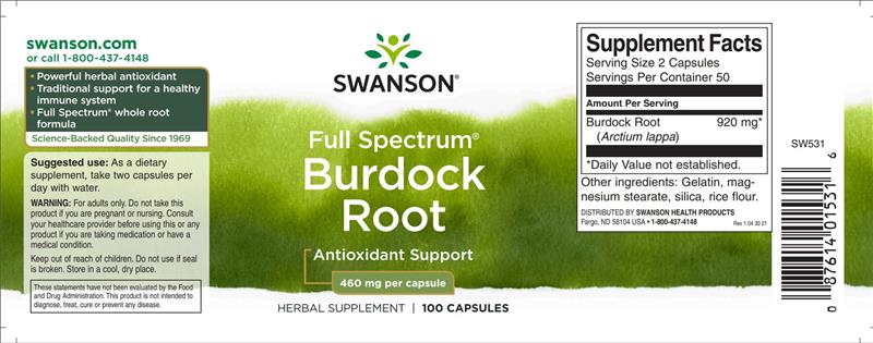 Radacina de Brusture Burdock Root 460 miligrame 100 capsule Swanson