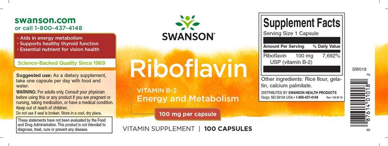 Riboflavin Vitamin B2 (Riboflavina) 100 miligrame 100 capsule Swanson