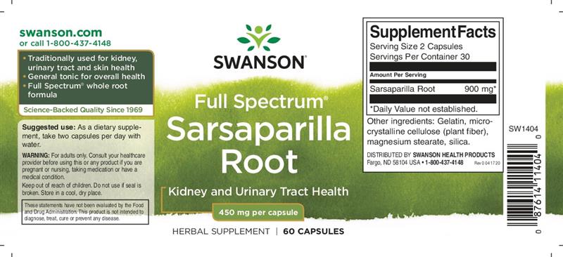 Sarsaparilla Root ( Urinary Tract Health) 450 miligrame 60 capsule Swanson