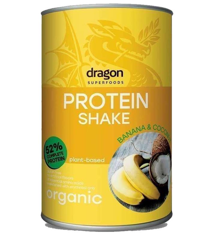 Shake Proteic Banane si Cocos 52% Proteine Bio 450 grame Dragon Superfoods