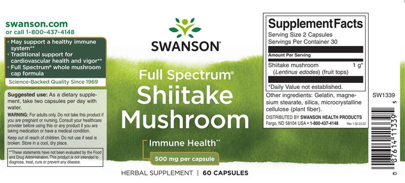 Shiitake Mushroom (Lentinus Edodes) 500 miligrame 60 capsule Swanson