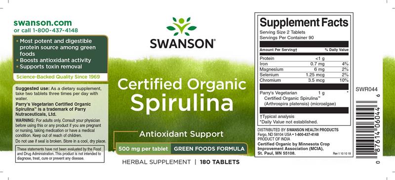 Spirulina Organica 500 miligrame 180 capsule Swanson