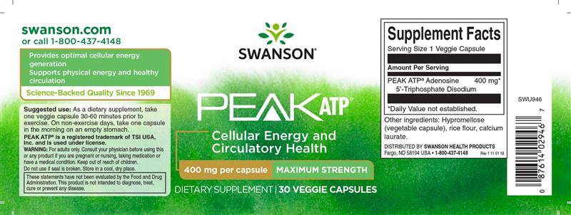 Supliment Alimentar Peak ATP Energie Celulara 400 miligrame 30 capsule Swanson