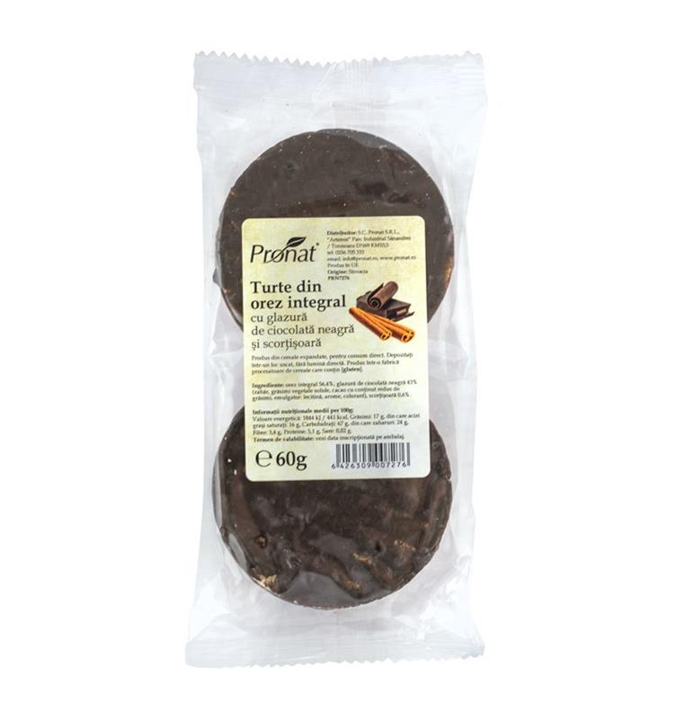 Turte din Orez Integral cu Glazura Ciocolata Neagra si Scortisoara 60gr Pronat