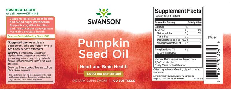 Ulei Seminte Dovleac Pumpkin Seed Oil 1000 miligrame 100 capsule Swanson