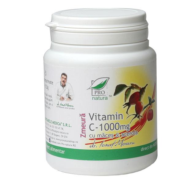 Vitamina C 1000mg cu Macese si Acerola cu Gust de Zmeura 100cps Medica