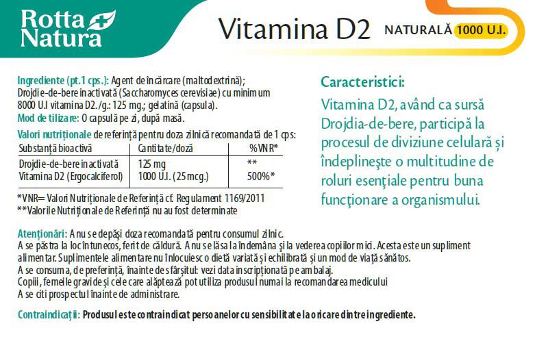 Vitamina D2 naturala 1000UI 30 capsule Rotta Natura