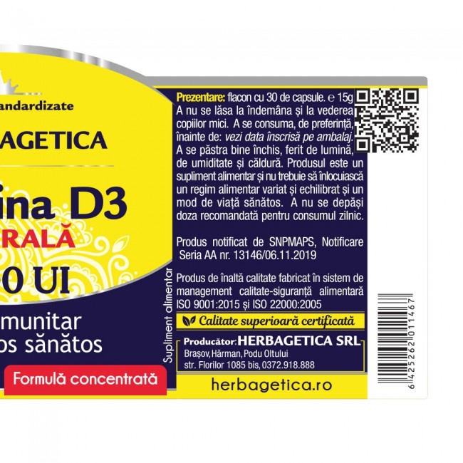 Vitamina D3 3000UI 30 capsule Herbagetica