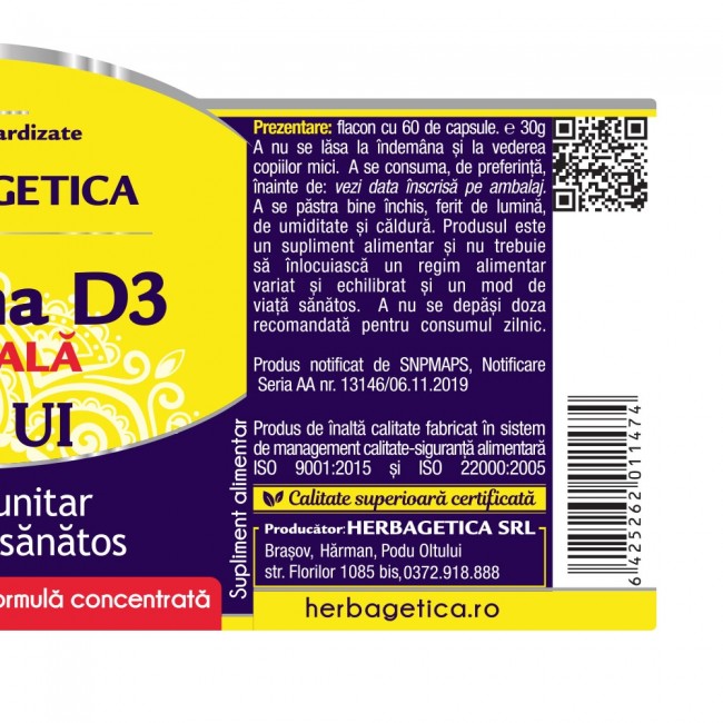 Vitamina D3 Naturala 3000UI 60 capsule Herbagetica