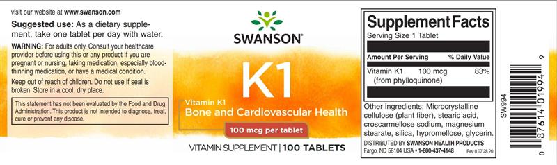Vitamina K1(Filochinona) 100 mcg 100 Capsule Swanson